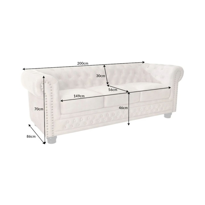 Sofa recht EDGAR - Champagne wit - 3 zitplaatsen - Barokstijl fluweel