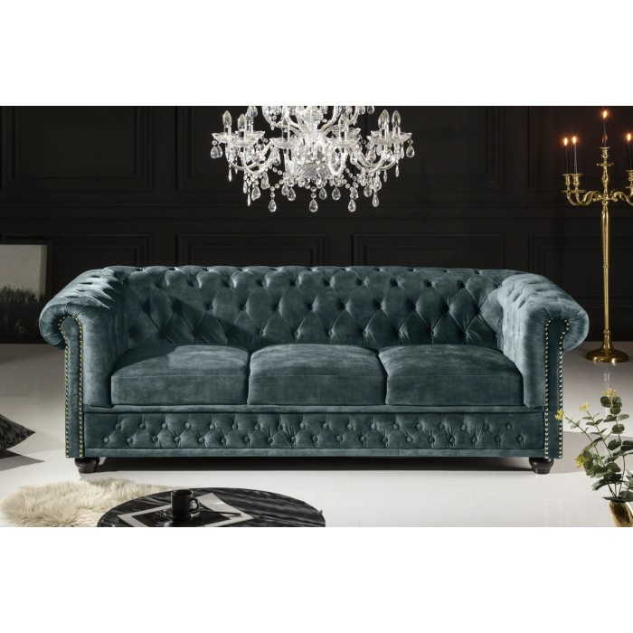 Sofa recht EDGAR - Eendenblauw - 3 zitplaatsen - Fluweel barokstijl
