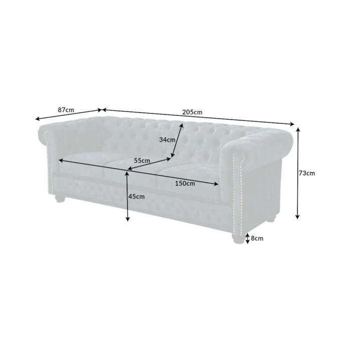 Sofa recht EDGAR - Eendenblauw - 3 zitplaatsen - Fluweel barokstijl