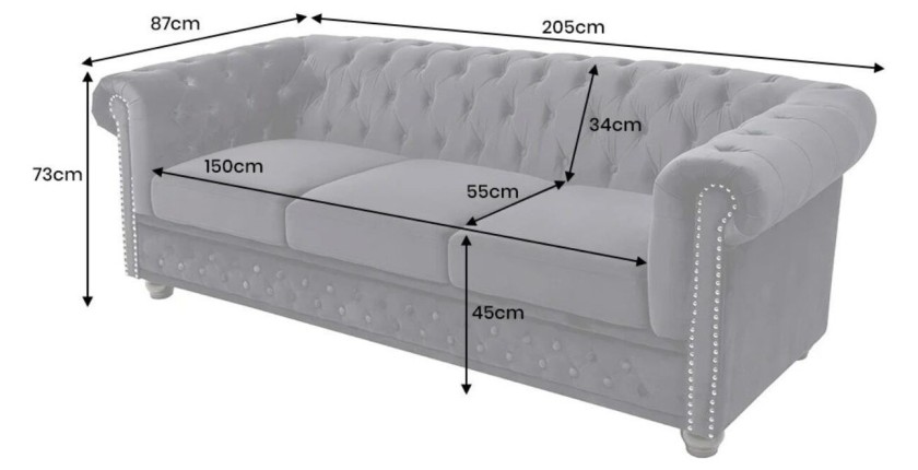 Dimensions du canapé 3 places droit EDGAR noir