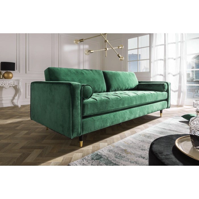 Sofá KOLIRI de 3 plazas en verde esmeralda – Sofá de diseño en terciopelo con estructura de madera maciza