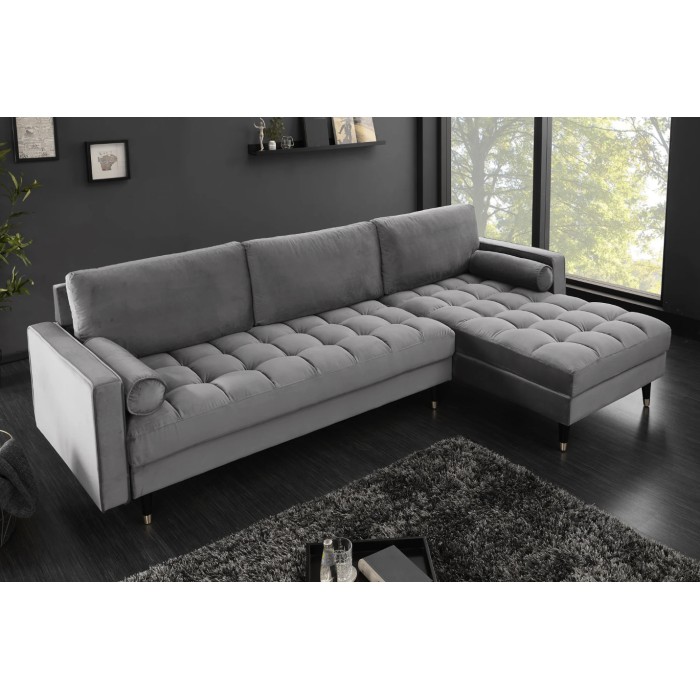 Ecksofa KOLIRI in Grau – 4-Sitzer – Rechtsseitiger Winkel – Designersofa aus Samt und Massivholz