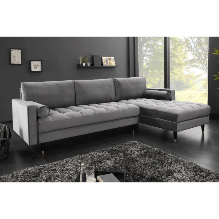 Ecksofa KOLIRI in Grau – 4-Sitzer – Rechtsseitiger Winkel – Designersofa aus Samt und Massivholz
