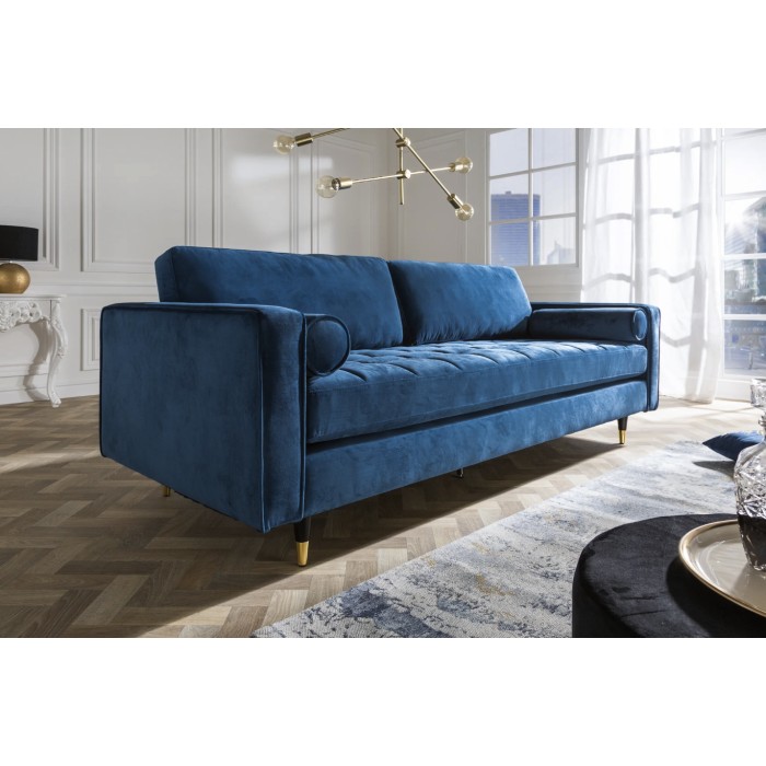 Hoekbank KOLIRI blauw - Design fluwelen bank met bijpassende poef