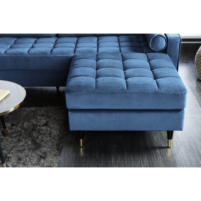 Hoekbank KOLIRI blauw - Design fluwelen bank met bijpassende poef