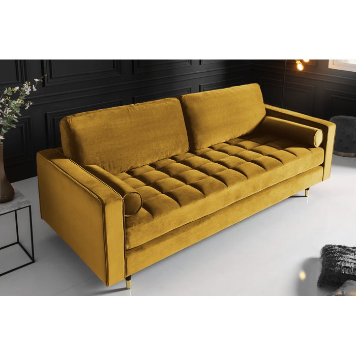 Canapé d'angle réversible KOLIRI amarillo – Sofá de diseño en terciopelo con otomana a juego