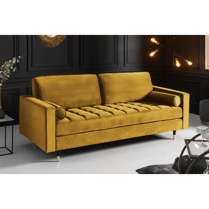Canapé d'angle réversible KOLIRI amarillo – Sofá de diseño en terciopelo con otomana a juego