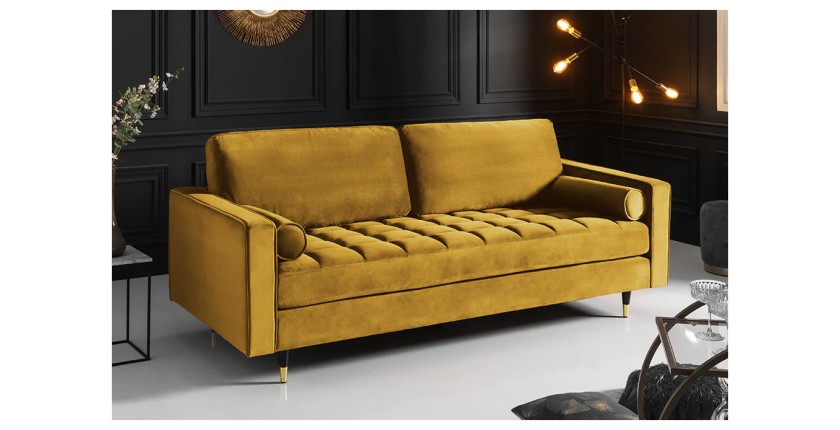 Zoom sur le canapé de la configuration du canapé et pouf KOLIRI jaune vu de côté