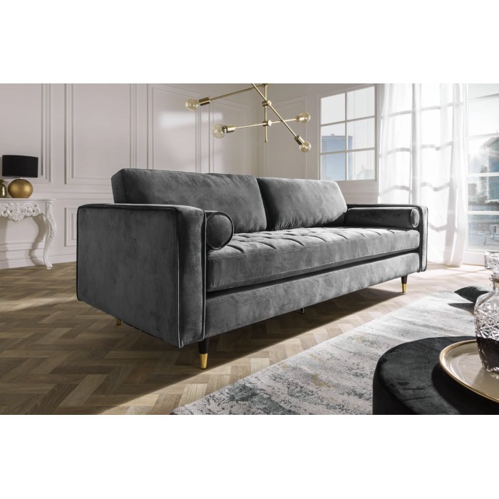 Canapé de esquina reversible KOLIRI gris – Sofá de diseño en terciopelo con puf a juego