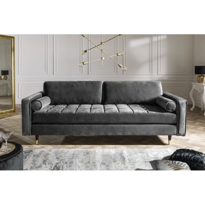 Canapé de esquina reversible KOLIRI gris – Sofá de diseño en terciopelo con puf a juego