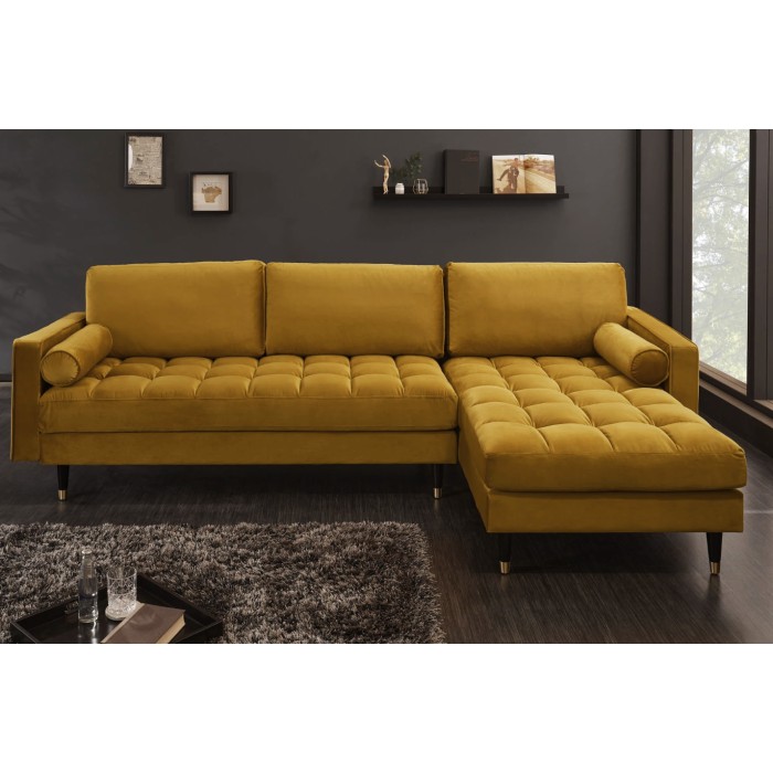 Canapé d’angle KOLIRI amarillo mostaza con reposapiés – 5 plazas, ángulo a la derecha