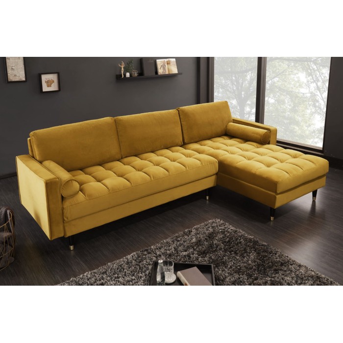 Canapé d’angle KOLIRI amarillo mostaza con reposapiés – 5 plazas, ángulo a la derecha