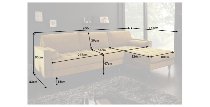 Dimensions du canapé d'angle dans la configuration canapé d'angle et pouf KOLIRI jaune moutarde