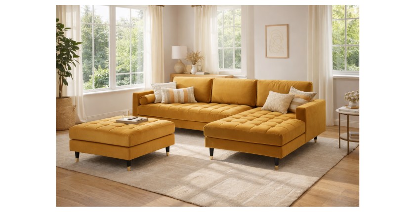 Ensemble canapé d'angle et pouf KOLIRI jaune moutarde mis en situation