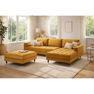 Ensemble canapé d'angle et pouf KOLIRI jaune moutarde mis en situation