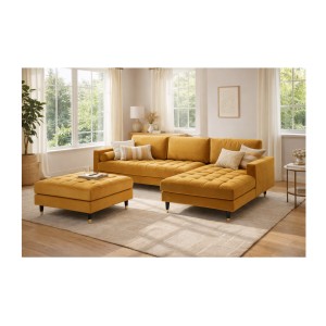 Ensemble canapé d'angle et pouf KOLIRI jaune moutarde mis en situation