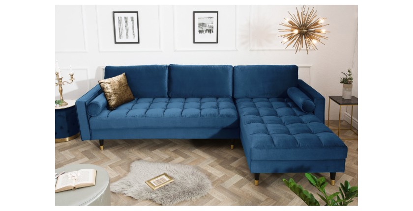 Zoom sur le canapé d'angle dans la configuration canapé d'angle et pouf KOLIRI bleu vu de face