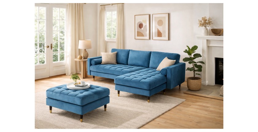Ensemble canapé d'angle et pouf KOLIRI bleu mis en situation