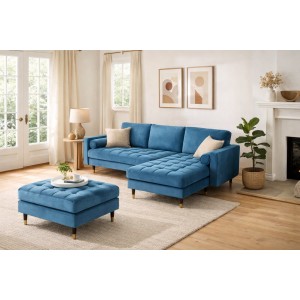 Ensemble canapé d'angle et pouf KOLIRI bleu mis en situation