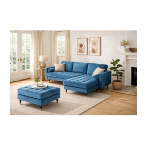 Ensemble canapé d'angle et pouf KOLIRI bleu mis en situation
