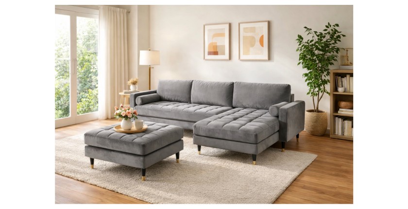 Ensemble canapé d'angle et pouf KOLIRI gris mis en situation