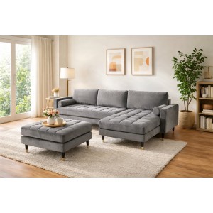 Ensemble canapé d'angle et pouf KOLIRI gris mis en situation