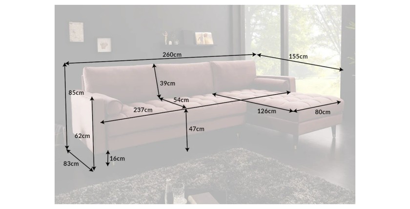 Dimensions du canapé d'angle pour la configuration canapé d'angle et pouf KOLIRI rose poudré