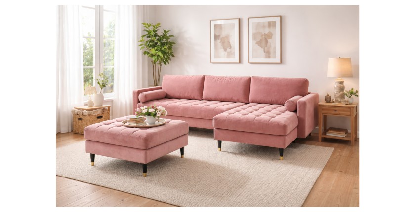 Ensemble canapé d'angle et pouf KOLIRI rose poudré mis en situation