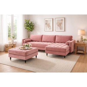 Ensemble canapé d'angle et pouf KOLIRI rose poudré mis en situation