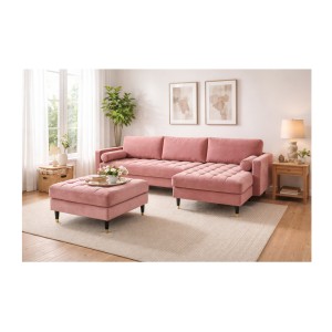 Ensemble canapé d'angle et pouf KOLIRI rose poudré mis en situation