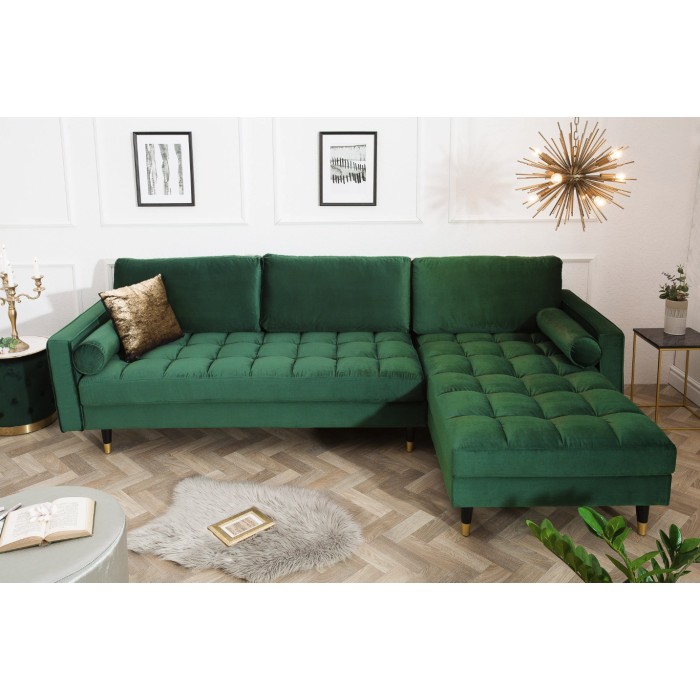 Zoom sur le canapé d'angle pour la configuration canapé d'angle et pouf KOLIRI vert émeraude vu de face
