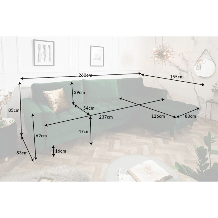Dimensions du canapé d'angle pour la configuration canapé d'angle et pouf KOLIRI vert émeraude