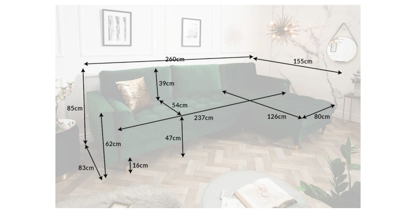 Dimensions du canapé d'angle pour la configuration canapé d'angle et pouf KOLIRI vert émeraude