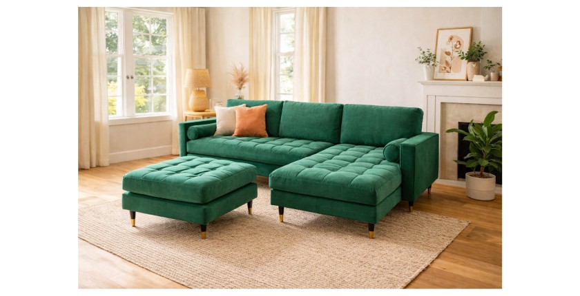 Ensemble canapé d'angle et pouf KOLIRI vert émeraude mis en situation