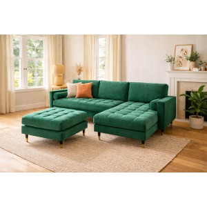 Ensemble canapé d'angle et pouf KOLIRI vert émeraude mis en situation