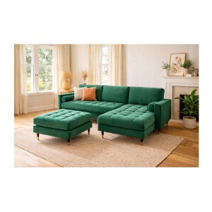 Ensemble canapé d'angle et pouf KOLIRI vert émeraude mis en situation