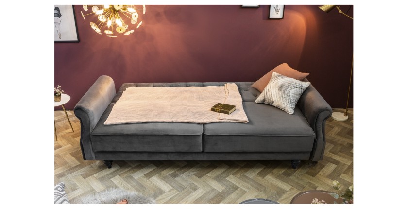 Canapé droit convertible MILES gris en mode lit avec des décorations
