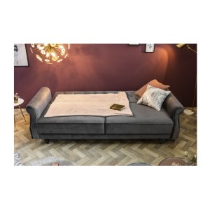 Canapé droit convertible MILES gris en mode lit avec des décorations