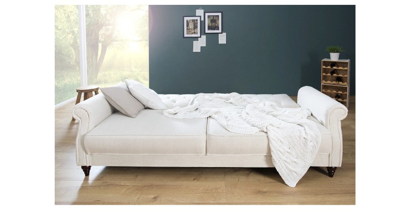 Canapé droit convertible MILES blanc en mode lit vu de face