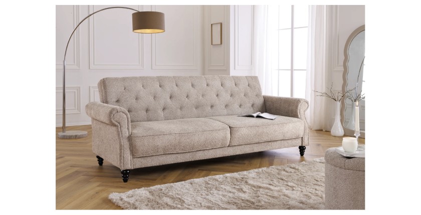 Canapé convertible droit en tissu bouclette beige de la collection MILES mis en situation