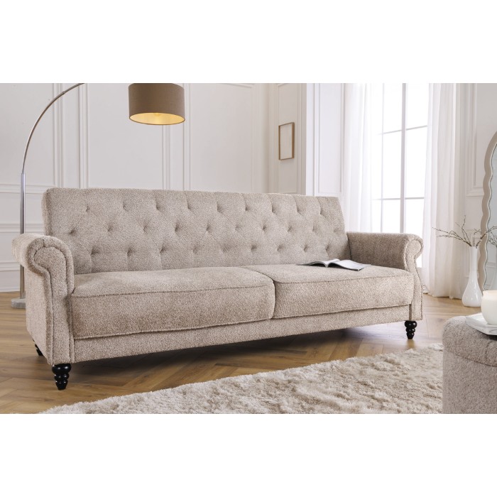 Rechte slaapbank MILES beige – Klassieke stoffen bank met bouclé stof en massief houten structuur