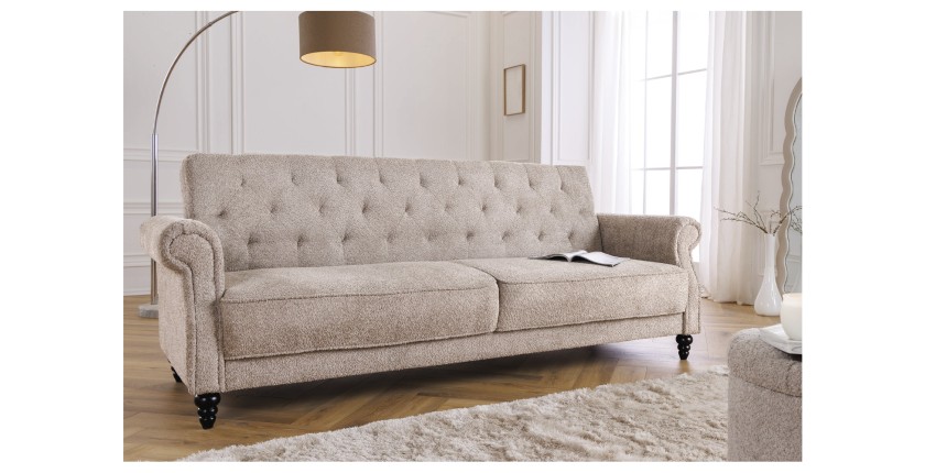 Canapé convertible droit en tissu bouclette beige de la collection MILES vu de côté