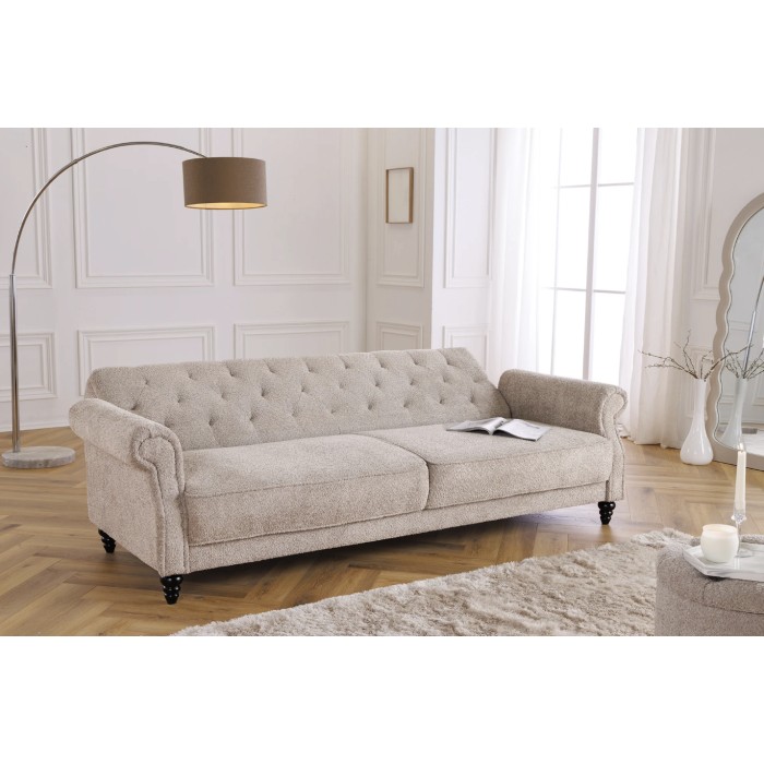 Rechte slaapbank MILES beige – Klassieke stoffen bank met bouclé stof en massief houten structuur