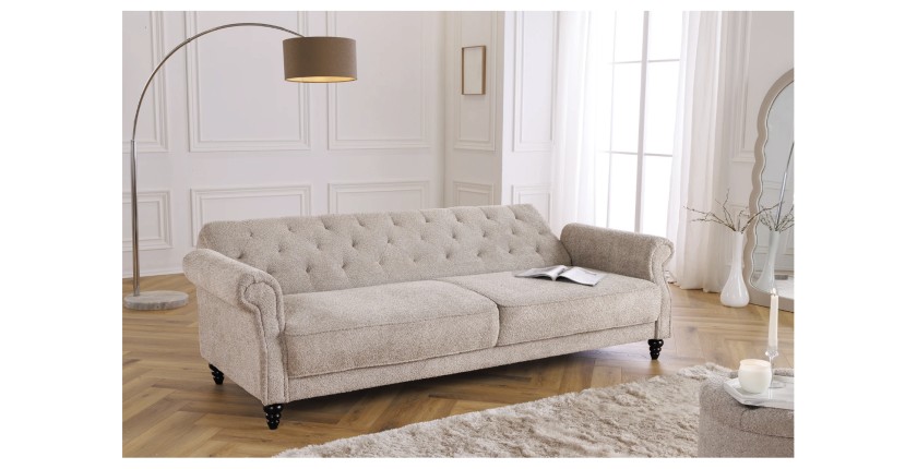 Canapé convertible droit en tissu bouclette beige de la collection MILES en train de se convertir