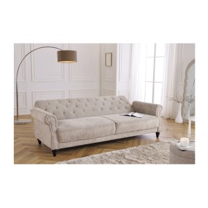 Canapé convertible droit en tissu bouclette beige de la collection MILES en train de se convertir