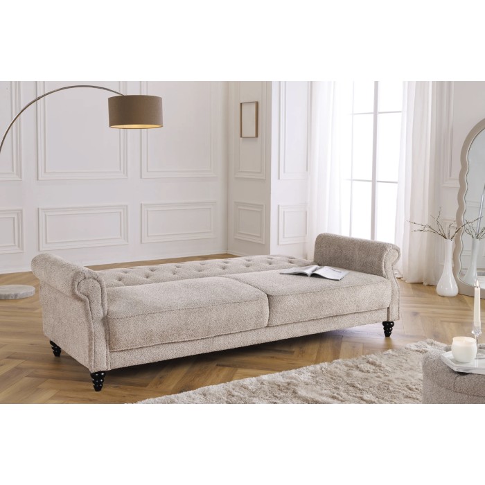 Rechte slaapbank MILES beige – Klassieke stoffen bank met bouclé stof en massief houten structuur