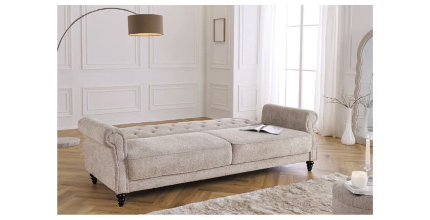 Canapé convertible droit en tissu bouclette beige de la collection MILES en mode lit