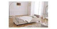 Canapé convertible droit en tissu bouclette beige de la collection MILES en mode lit avec décoration