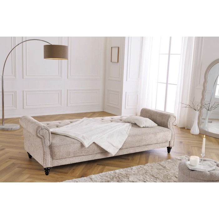Rechte slaapbank MILES beige – Klassieke stoffen bank met bouclé stof en massief houten structuur