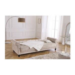 Canapé convertible droit en tissu bouclette beige de la collection MILES en mode lit avec décoration